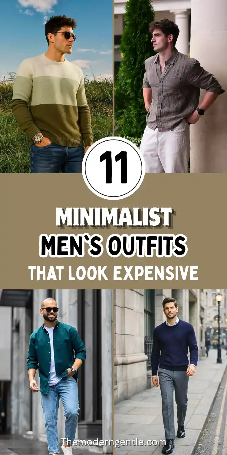 A four-photo Pinterest pin reading Minimalist Men's Outfits That Look Expensive, with a white 11 badge on an olive background and themoderngentle.com below. A man in sunglasses wears a color block sweater with jeans outdoors, and another leans by a pillar in a brown linen shirt with white trousers. Below, a bearded man in a teal shirt over a white tee walks a city street in jeans, and another wears a navy sweater over a collared shirt with grey trousers.