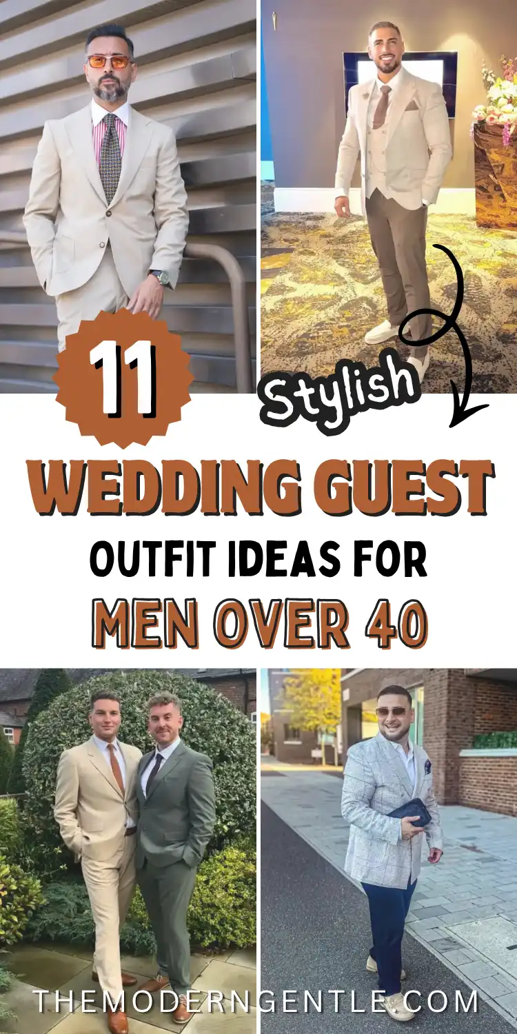Pinterest pin collage showing four wedding guest outfit ideas for men over 40. A beige suit with pink striped shirt and tinted sunglasses, a cream three piece suit with waistcoat and white sneakers, two men in tan and sage green suits outside a hedge, and a checked blazer with navy trousers on a paved street. Text reads 11 Stylish Wedding Guest Outfit Ideas For Men Over 40 from The Modern Gentle, a mens style inspiration guide for smart casual weddings.