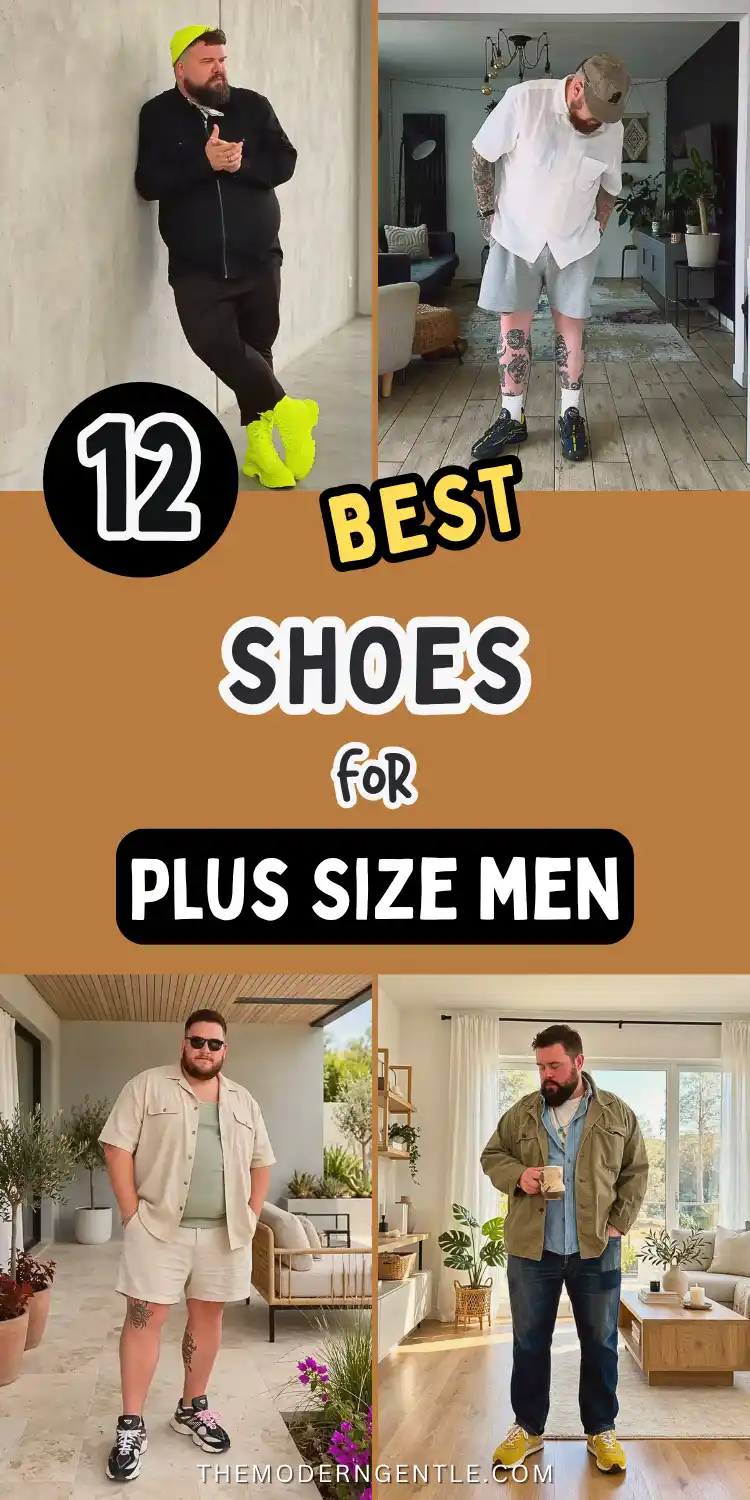 A four panel pin for plus size men's shoe style. Top left, a man in black leans against a concrete wall in neon yellow platform boots. Top right, a man in a white shirt and grey shorts shows tattooed legs above dark chunky sneakers. Bottom left, a man in a cream shirt and shorts wears black and white chunky trainers on a plant filled patio. Bottom right, a man in an olive jacket wears mustard suede sneakers indoors.