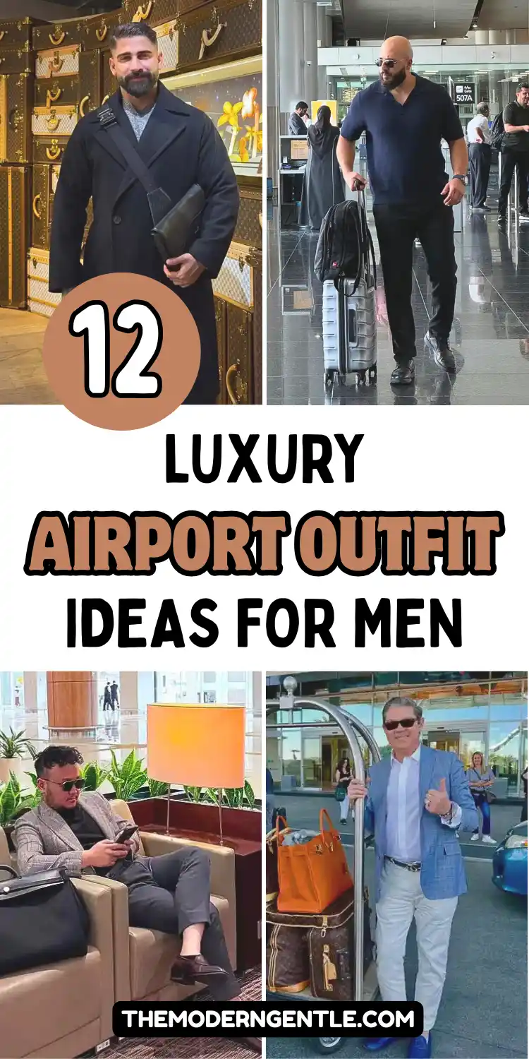 Four photo collage of men in luxury airport outfit ideas set against upscale terminal and lounge backdrops. Looks include a black wool overcoat with a crossbody bag near a wall of monogrammed luggage trunks, a navy polo with black trousers pulling a silver suitcase, a plaid blazer seated with a duffel bag, and a light blue sport coat with white trousers beside a cart loaded with an orange leather tote. Bold text reads "12 Luxury Airport Outfit Ideas for Men."