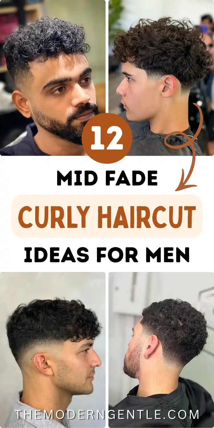 Four close up photos of men with mid fade curly haircuts in barbershop and casual settings. Includes a front view of salt and pepper curls with a full beard and low fade, a side profile of dense curls with a clean taper near the ear, and two back and side angles showing curls blending into low and mid fades at the neckline. Bold text reads "12 Mid Fade Curly Haircut Ideas for Men" on cream.