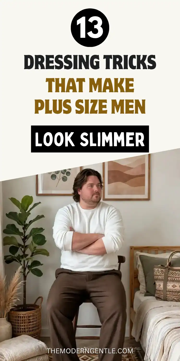 13 Dressing Tricks that Make Plus Size Men Look Slimmer 2 A bearded man sits arms crossed on a stool in a plant filled bedroom, wearing a fitted cream long sleeve top tucked into brown tapered pants men can recreate for a clean, monochrome outfit men silhouette. Framed abstract art and layered bedding sit behind him. Bold text overlay reads "13 Dressing Tricks That Make Plus Size Men Look Slimmer," reflecting this mens fit guide's focus on close, balanced proportions.