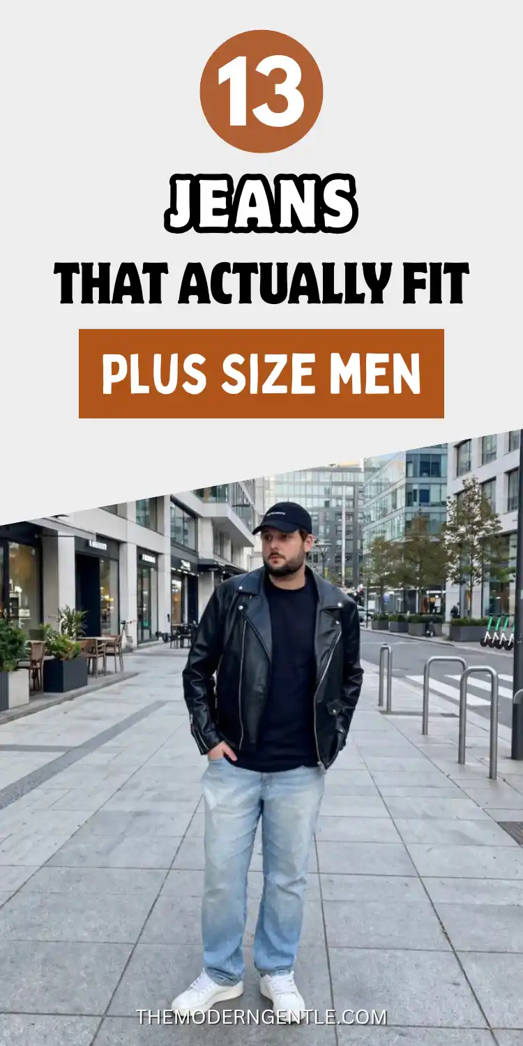 A Pinterest pin reading 13 Jeans That Actually Fit Plus Size Men, with a brown 13 badge on a light grey background above a photo of a bearded man on a city sidewalk. He wears a black leather jacket over a black tee, light wash straight leg jeans, a black cap, and white sneakers, standing near café tables and storefronts, showing a mens street style outfit built for a bigger build.