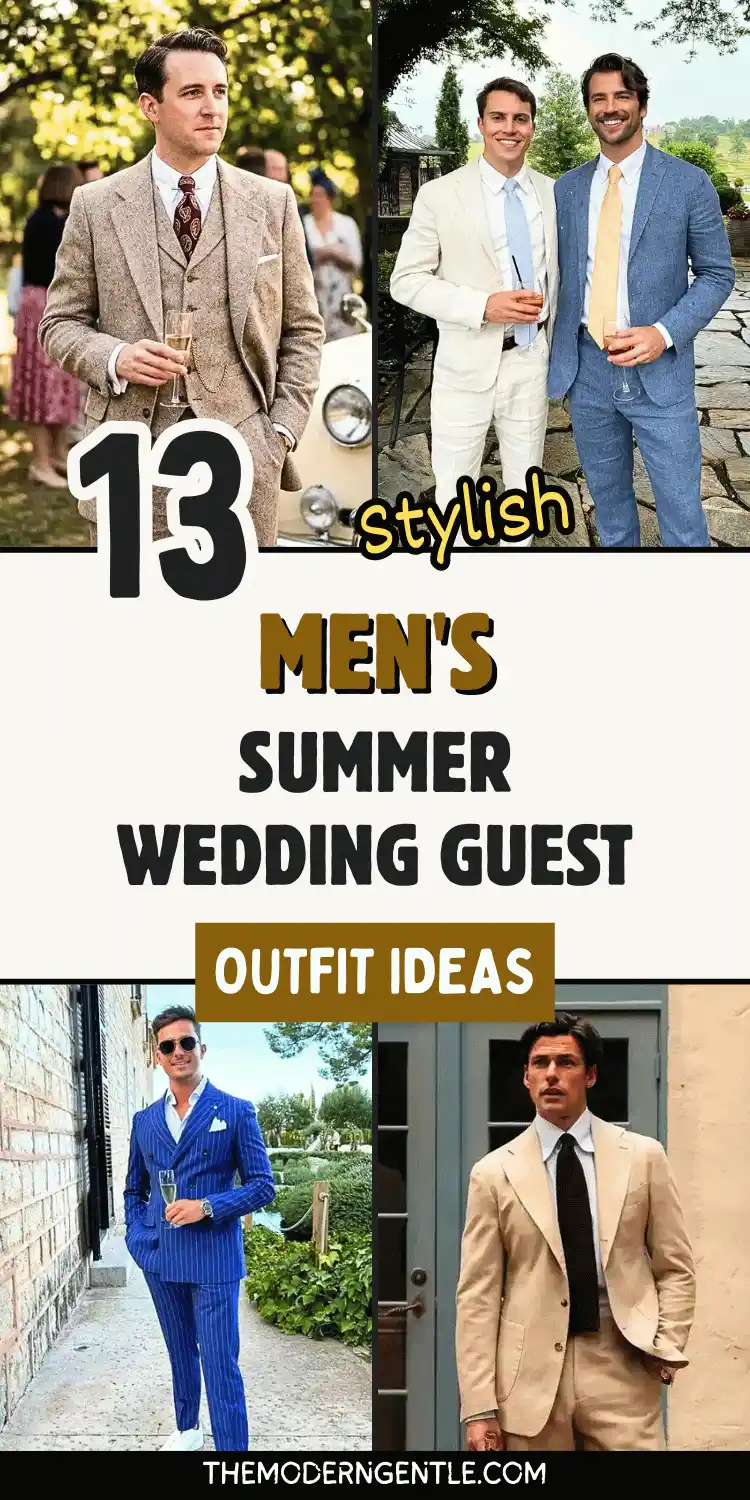 A four-photo Pinterest pin reading 13 Stylish Men's Summer Wedding Guest Outfit Ideas, with bold text on a cream background above photos of four looks. A man in a tan tweed three piece suit holds champagne near a vintage car, and two men wear an ivory suit and a blue suit with pastel ties on a stone patio. Below, a man in a navy pinstripe suit stands on cobblestones, and another wears a tan suit with a black tie by a doorway.