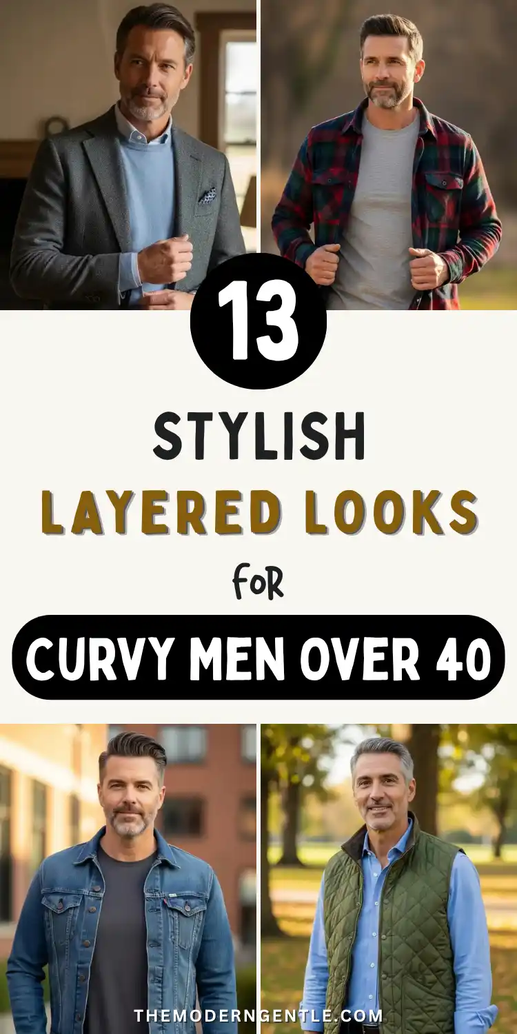 13 Stylish Layered Looks for Curvy Men Over 40 (Fall & Winter) 2 Four men model fall and winter layers, a grey blazer over a light blue sweater with a pocket square, a plaid flannel shirt open over a grey henley outdoors, a denim jacket over a dark tee on a city street, and an olive quilted vest over a blue button-down in a park. Bold text reads 13 stylish layered looks for curvy men over 40, spotlighting men's fall fashion and winter layering for men.