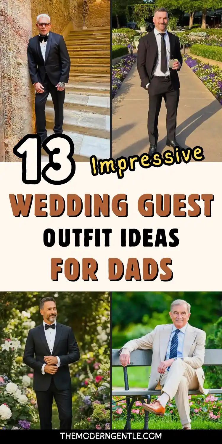 Four photo collage of men in wedding guest attire posed on stone steps, garden paths, and floral backdrops. Looks include a black tuxedo with bow tie and sunglasses, a navy suit with tie and cocktail in hand, a second black tuxedo among white roses, and a beige suit with navy tie seated on a bench. Bold brown and black text reads "13 Impressive Wedding Guest Outfit Ideas for Dads" on a cream background.