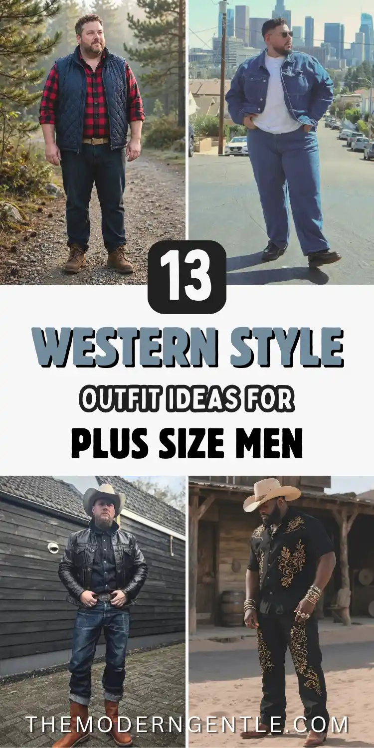 Four western style outfits for plus size men shown in a grid pin. A navy quilted vest over red plaid flannel with brown boots on a forest trail, a denim trucker jacket with a city skyline behind, a black leather jacket and felt cowboy hat by a barn, and a gold embroidered black western shirt with a cream hat. Bold text reads 13 Western Style Outfit Ideas for Plus Size Men, big and tall mens fashion inspiration.