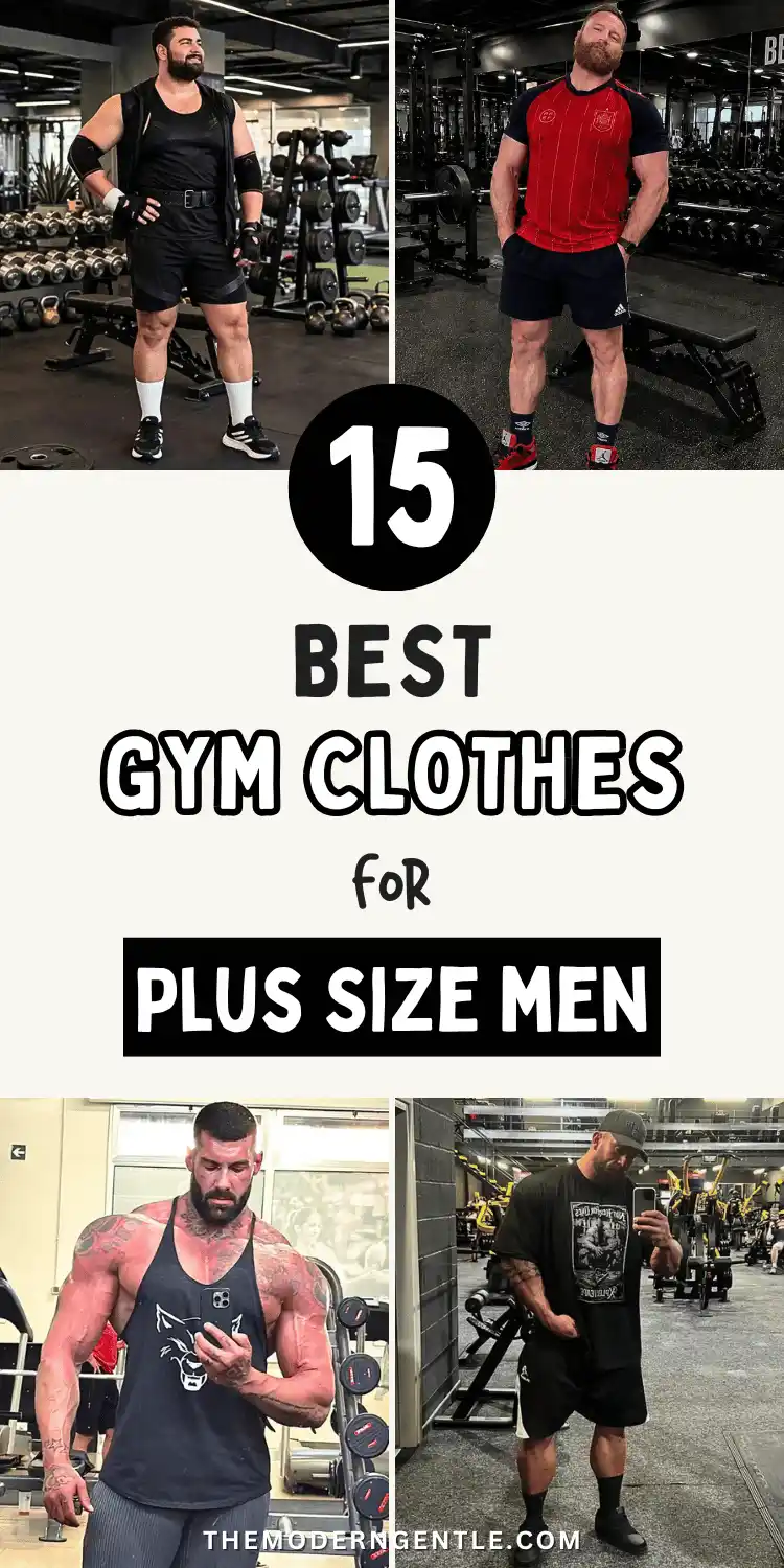 A four photo collage displaying gym clothes for plus size men, featuring bold text overlay reading 15 Best Gym Clothes for Plus Size Men. The grid highlights big and tall activewear inside a gym, including a red soccer style jersey with navy shorts, a black wolf graphic racerback tank top, an oversized black graphic shirt, and dark workout shorts, showing flattering athletic outfits for big guys.