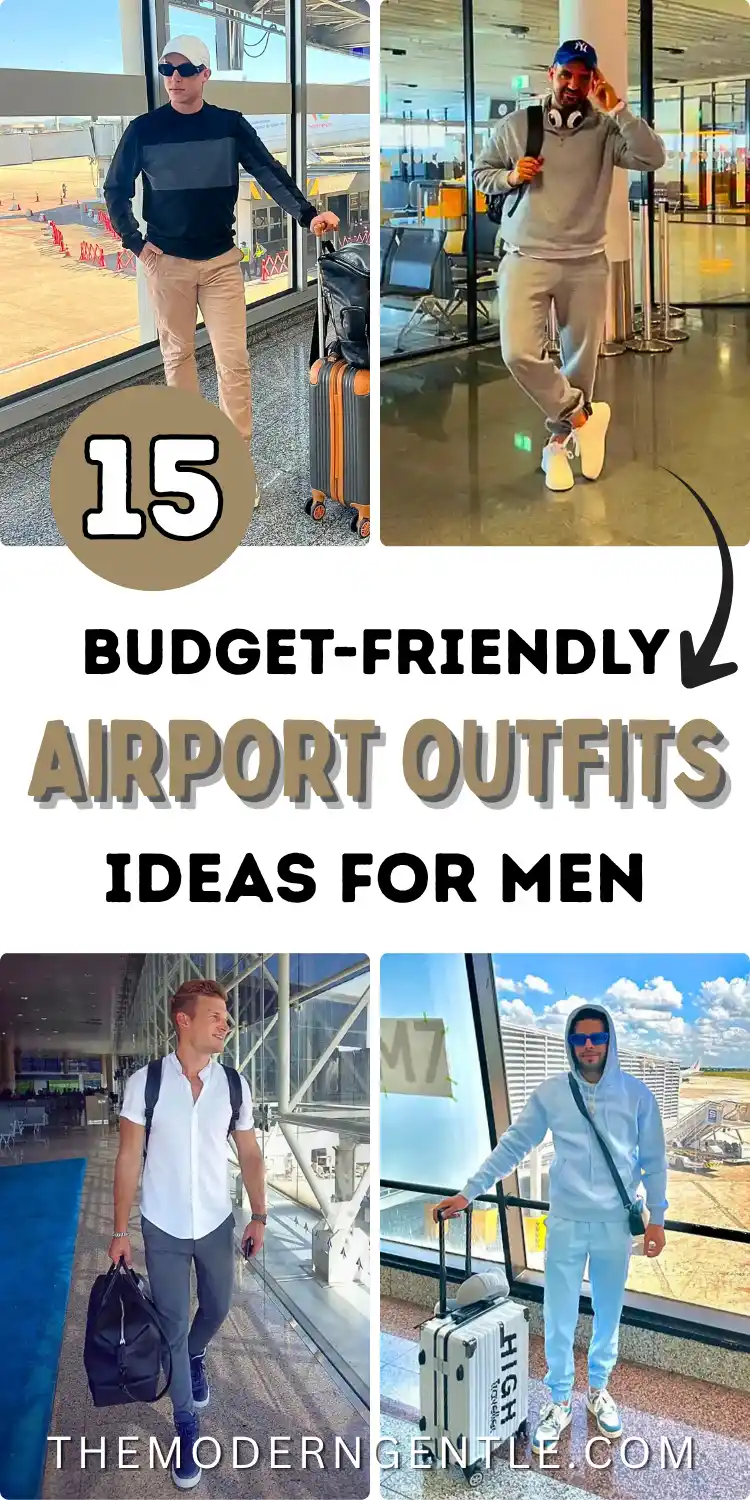 Four photo collage of men in budget friendly airport outfits walking through terminals with rolling suitcases and backpacks. Looks include a navy color block sweatshirt with tan trousers and a white cap, a grey matching sweatsuit with headphones, a white button up shirt paired with grey trousers and a duffel bag, and a light blue hoodie and sweatpants set with a crossbody bag. Bold text reads "15 Budget-Friendly Airport Outfits Ideas for Men" on white.