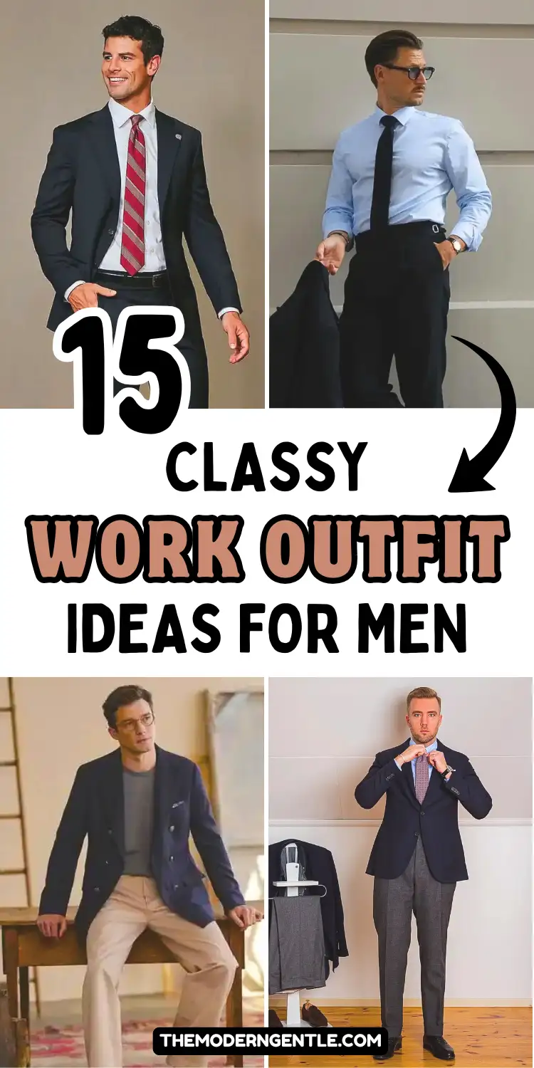 Four photo collage of men in classy work outfit looks for the office. Includes a navy suit with a red striped tie and white shirt, a light blue button down paired with a black tie and dark trousers, a navy double breasted blazer worn with beige chinos, and a navy blazer with grey trousers while buttoning a patterned tie. Bold text reads "15 Classy Work Outfit Ideas for Men" on white.