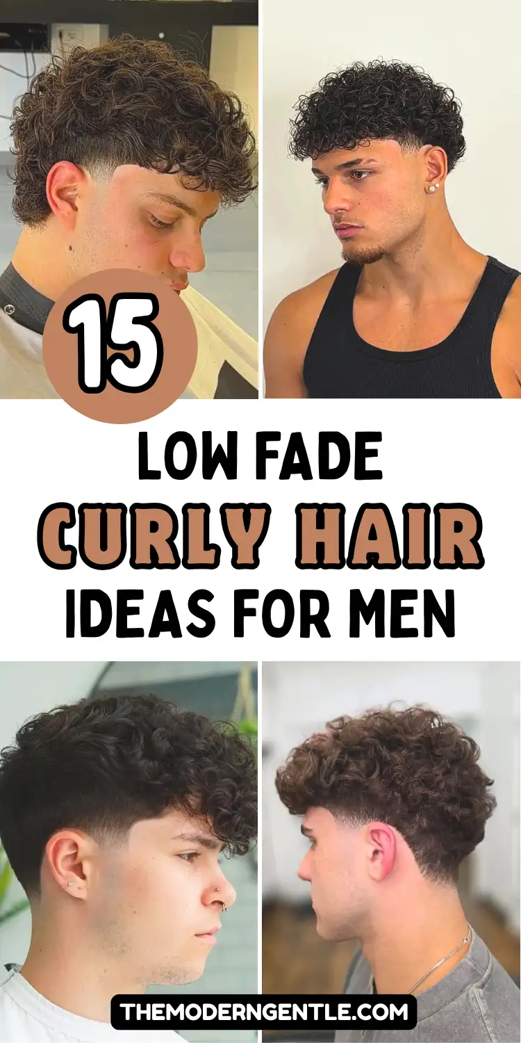 Four close up photos of men with low fade curly hairstyles in barbershop and casual settings. Looks include a tight curl crop with a defined fringe and skin fade, a side profile of voluminous curls with an ear piercing, loose curls with a low fade and nose piercing, and a back view of dense curls fading into the neckline. Bold text reads "15 Low Fade Curly Hair Ideas for Men" on white.