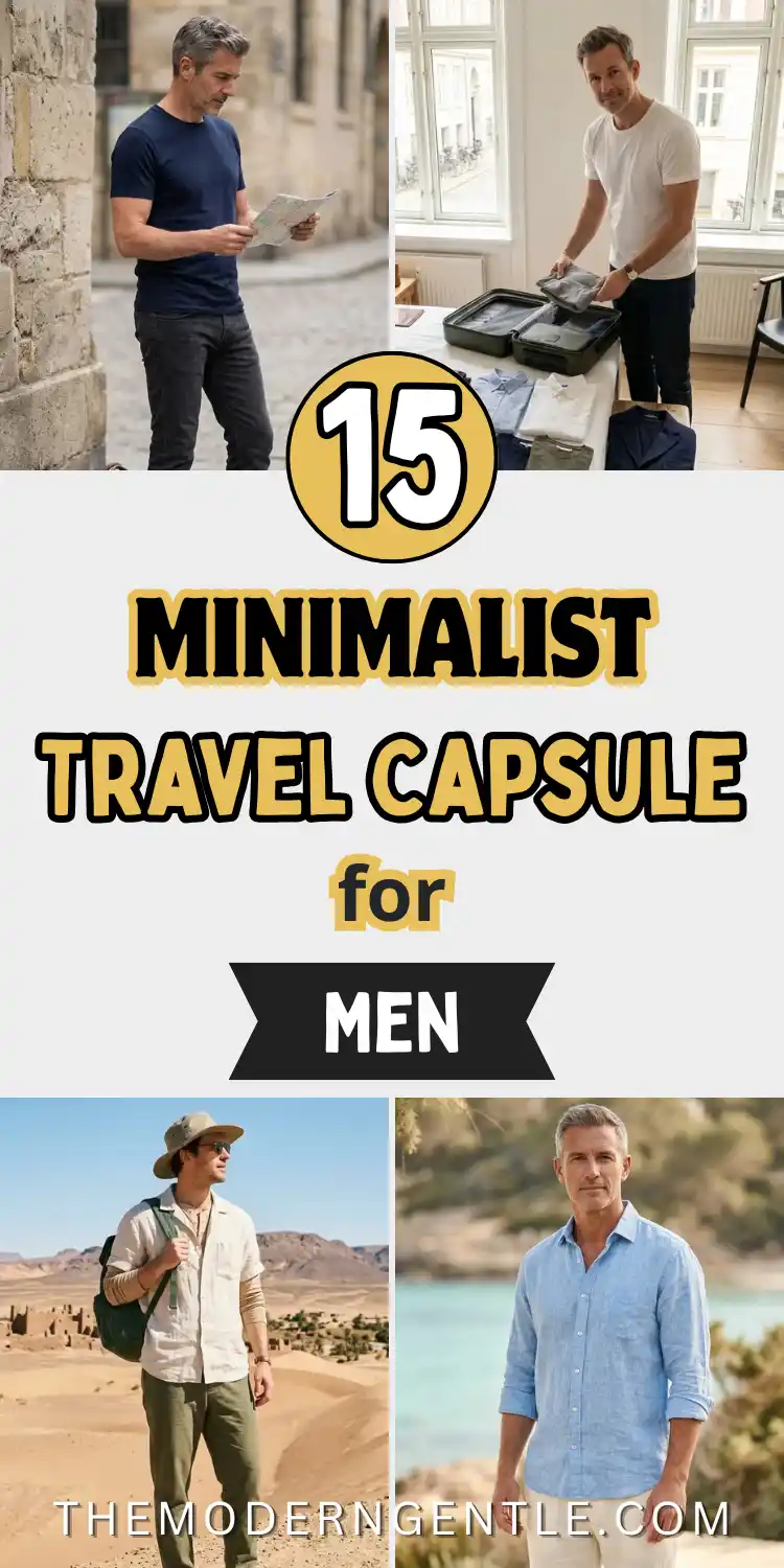 Four images of men in minimalist travel outfits. Top left, a man consults a map on cobblestones in a navy pullover. Top right, a man in a white tee and jeans packs a suitcase, demonstrating one-bag travel. Bottom left, a man hikes through a desert in olive and khaki, showing a capsule for adventure travel. Bottom right, a man in a blue linen shirt stands in a European square, illustrating a versatile neutral travel aesthetic.