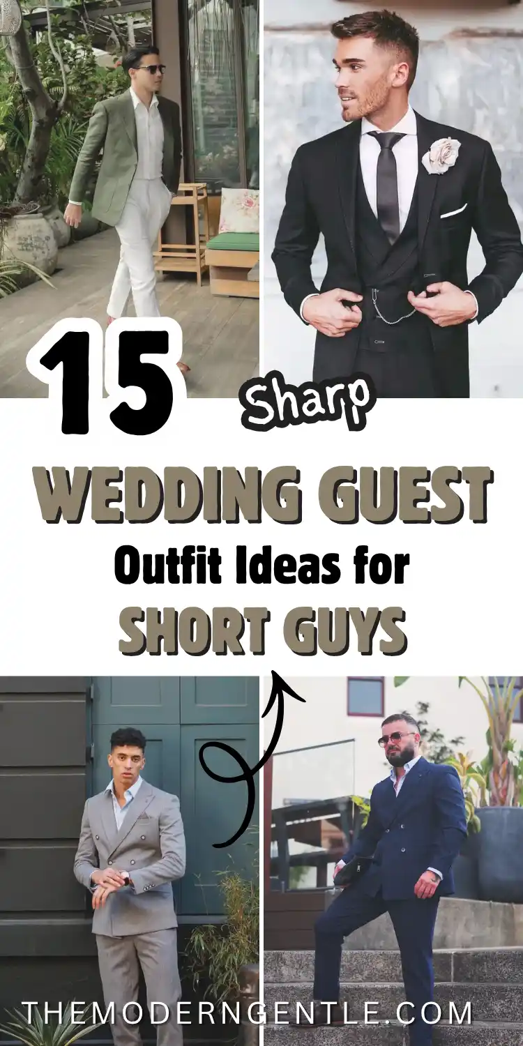 Pinterest pin collage of four wedding guest outfit ideas for short guys. An olive green blazer with white trousers on a rooftop terrace, a black three piece tuxedo with pink boutonniere and pocket square, a grey double breasted suit by a teal door, and a navy pinstripe suit on stone steps. Bold text reads 15 Sharp Wedding Guest Outfit Ideas for Short Guys from The Modern Gentle.