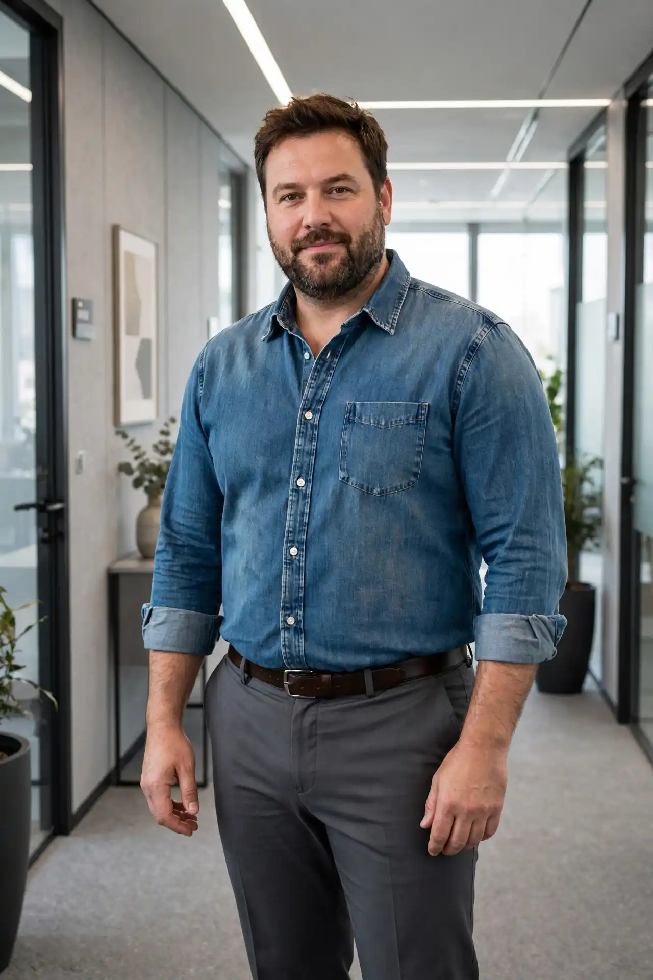 15. Classic Denim Shirts Tucked into Charcoal Smart-Stretch Pants