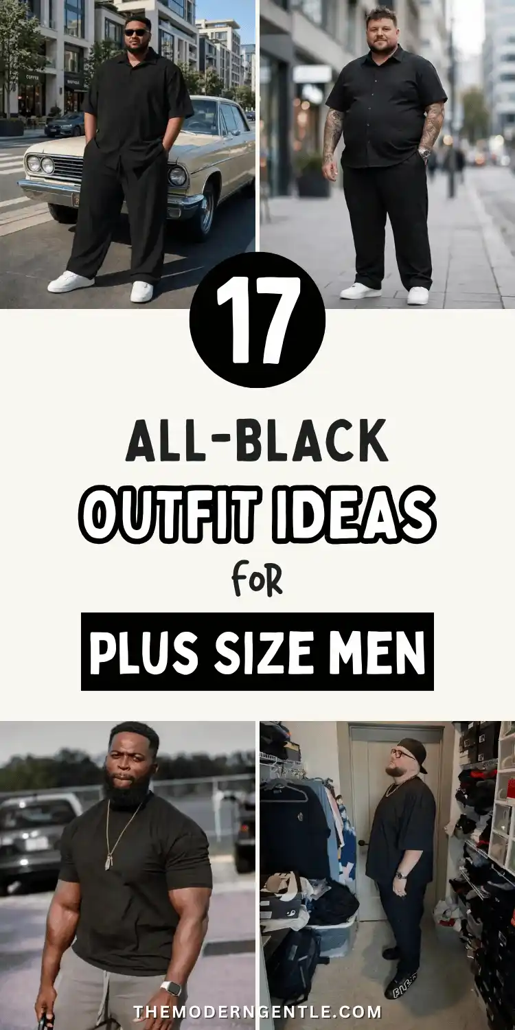 A four-photo Pinterest pin reading All-Black Outfit Ideas For Plus Size Men, with a black 17 badge between stone and cream backgrounds and themoderngentle.com below. A man in sunglasses stands by a vintage car in a black linen shirt and wide leg trousers, and another wears a black button up with black pants on a sidewalk. Below, a bearded man wears a black tee with a gold chain, and another adjusts a black tee and joggers in a closet.