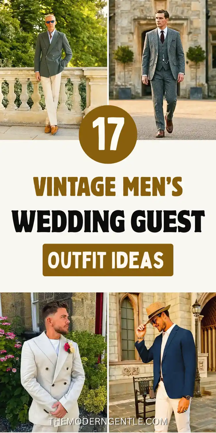 Four vintage wedding guest looks for men: a double breasted olive blazer with cream trousers on a stone balcony, a grey tweed three piece suit worn with a burgundy tie in a courtyard, a cream double breasted blazer over a white tee with a boutonniere, and a navy blazer paired with beige trousers and a straw hat. Bold text reads "17 Vintage Men's Wedding Guest Outfit Ideas," highlighting retro menswear and classic tailoring style.