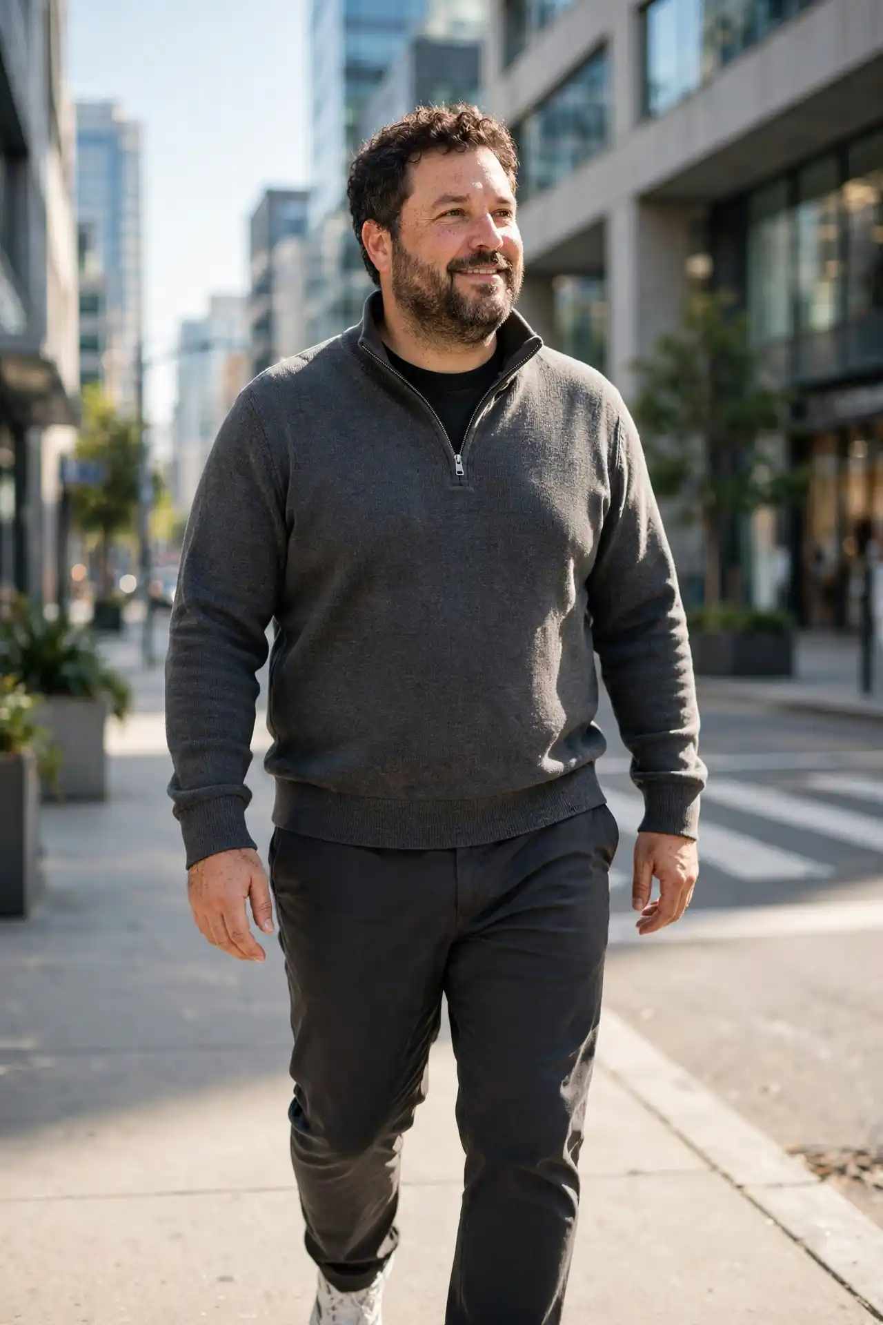 2. Monochrome Layering with a Cotton Quarter-Zip and Tailored Chinos