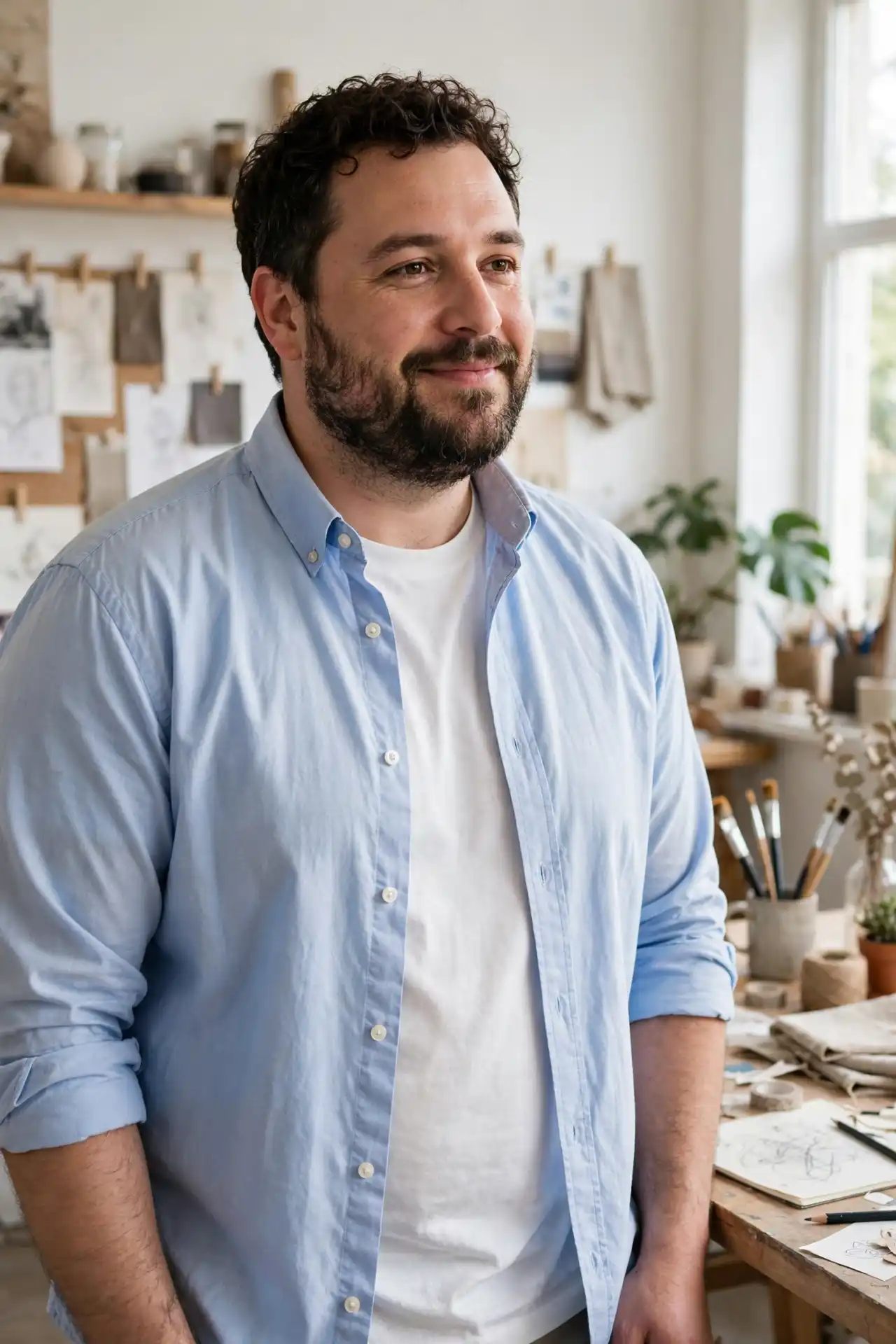 3. Crisp Oxford Button-Downs Worn Open Over Structured Crewneck Tees