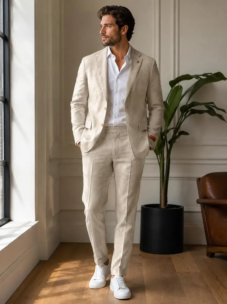 Linen Suit and White Sneakers for a Relaxed Reception