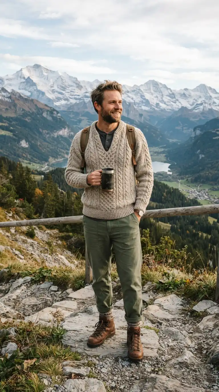 20 Men’s Travel Outfit Ideas for Spring Vacations 9 6. Knit Sweater with Relaxed Fit Pants for Mountain Getaways