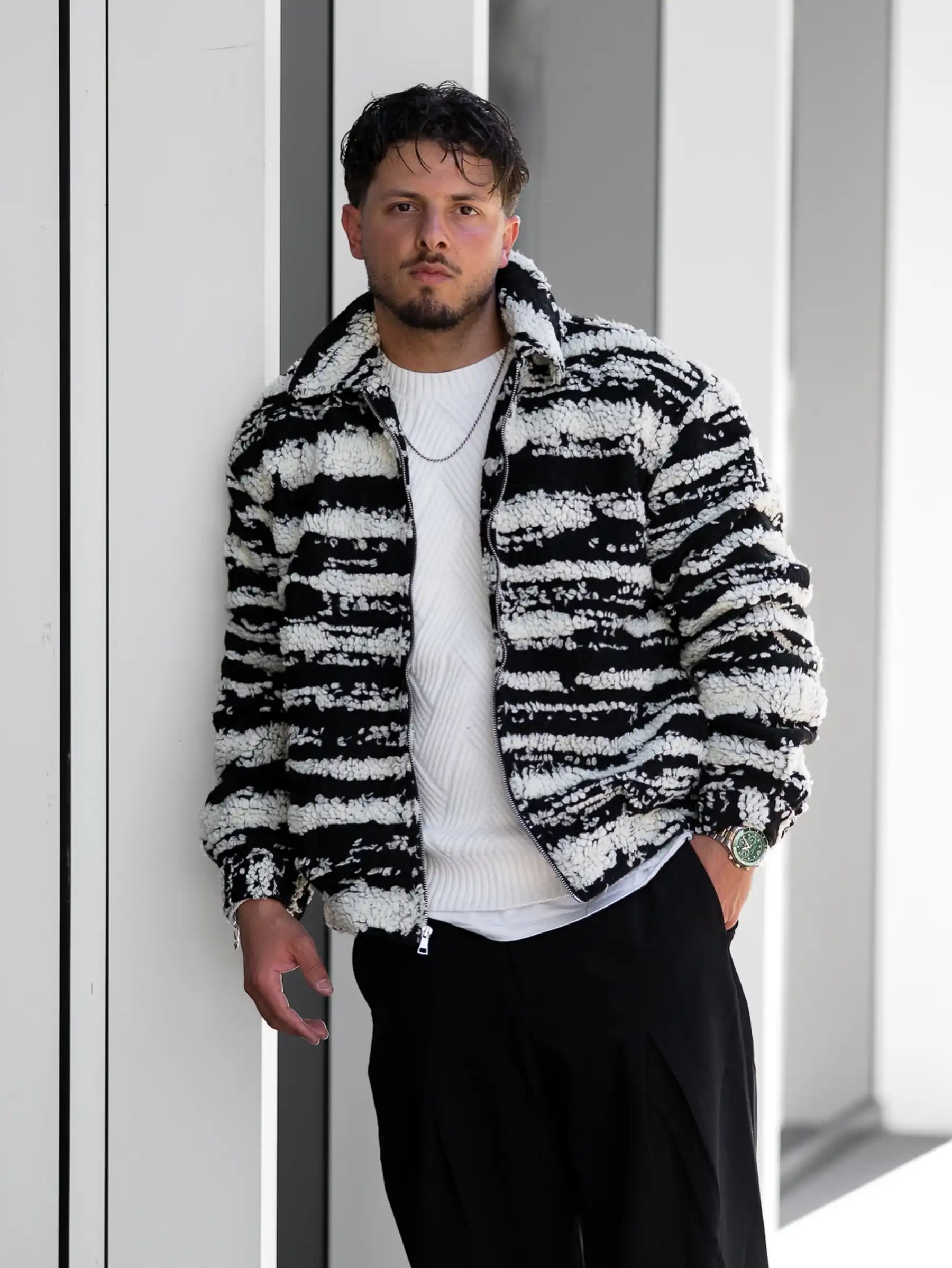 6. Sherpa Jacket With Knit Sweater and Straight-Leg Pants
