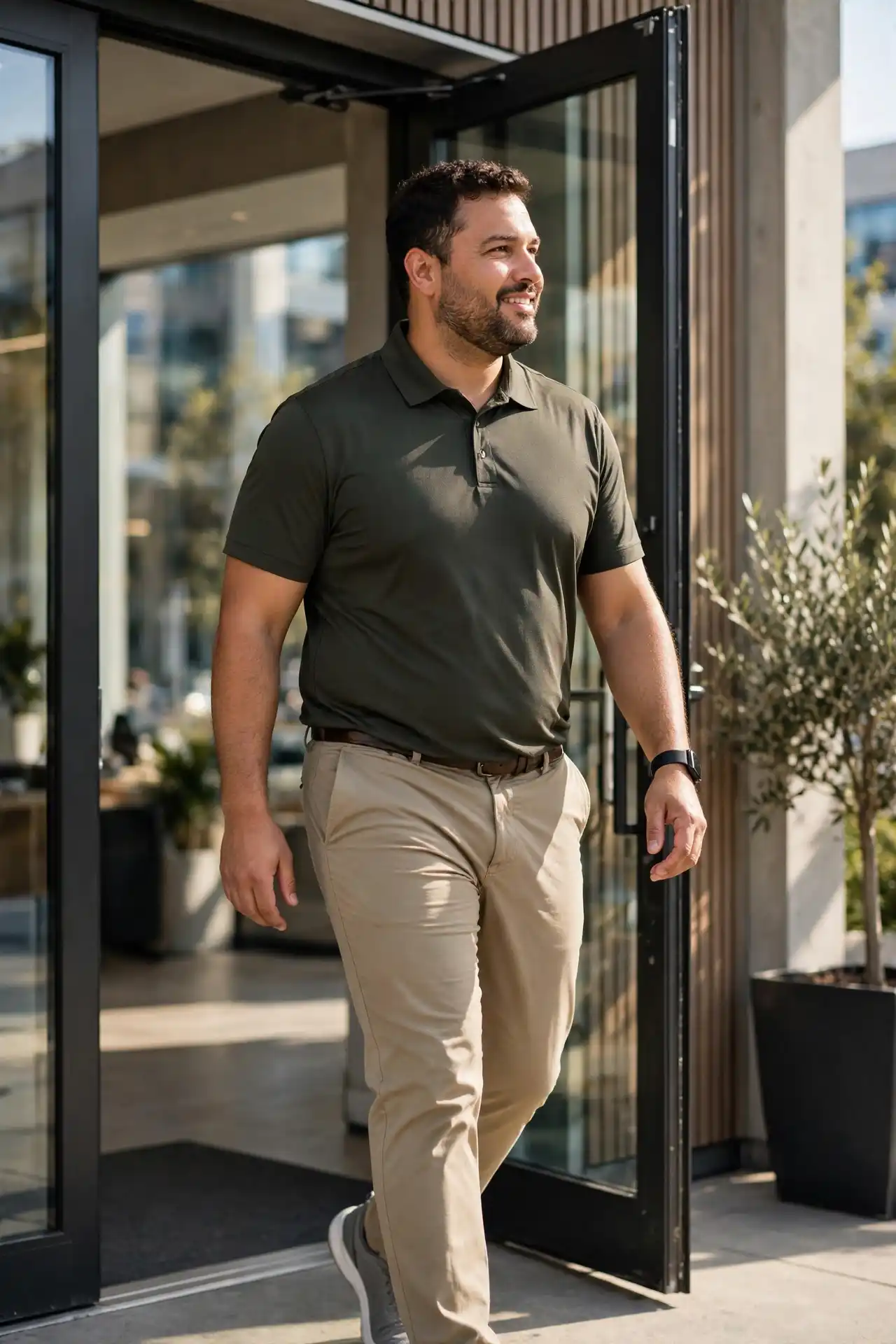 7. Performance Knit Polos Tucked Safely into Athletic-Fit Chinos
