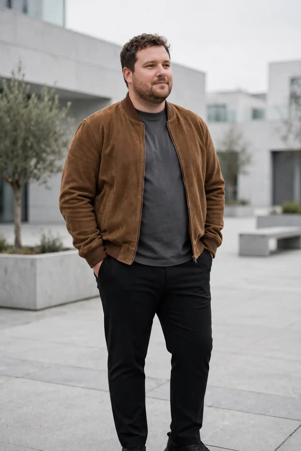 8. Suede Bomber Jackets over Premium Thick-Cotton Crew Tees