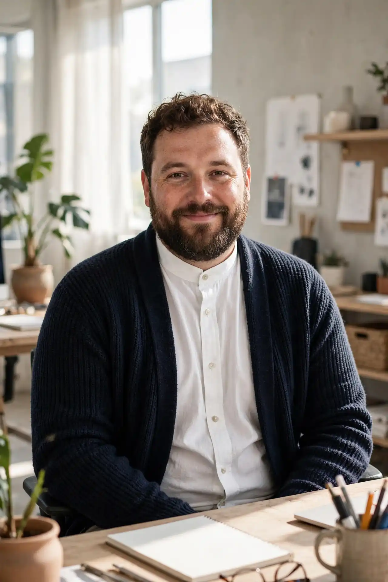 9. Tailored Grandad Collar Shirts underneath Unstructured Cardigans