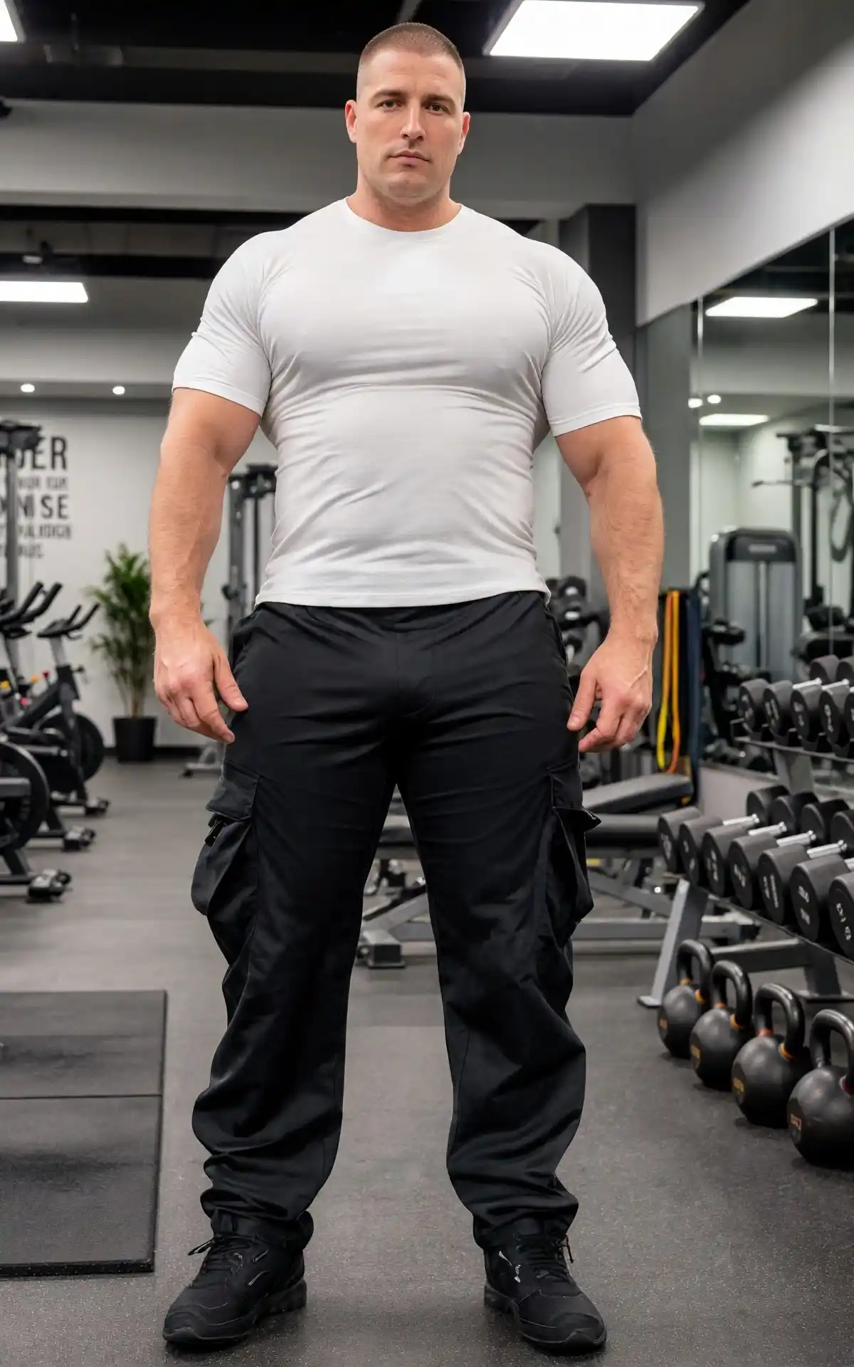 13. Fitted White Tee with Black Cargo Pants
