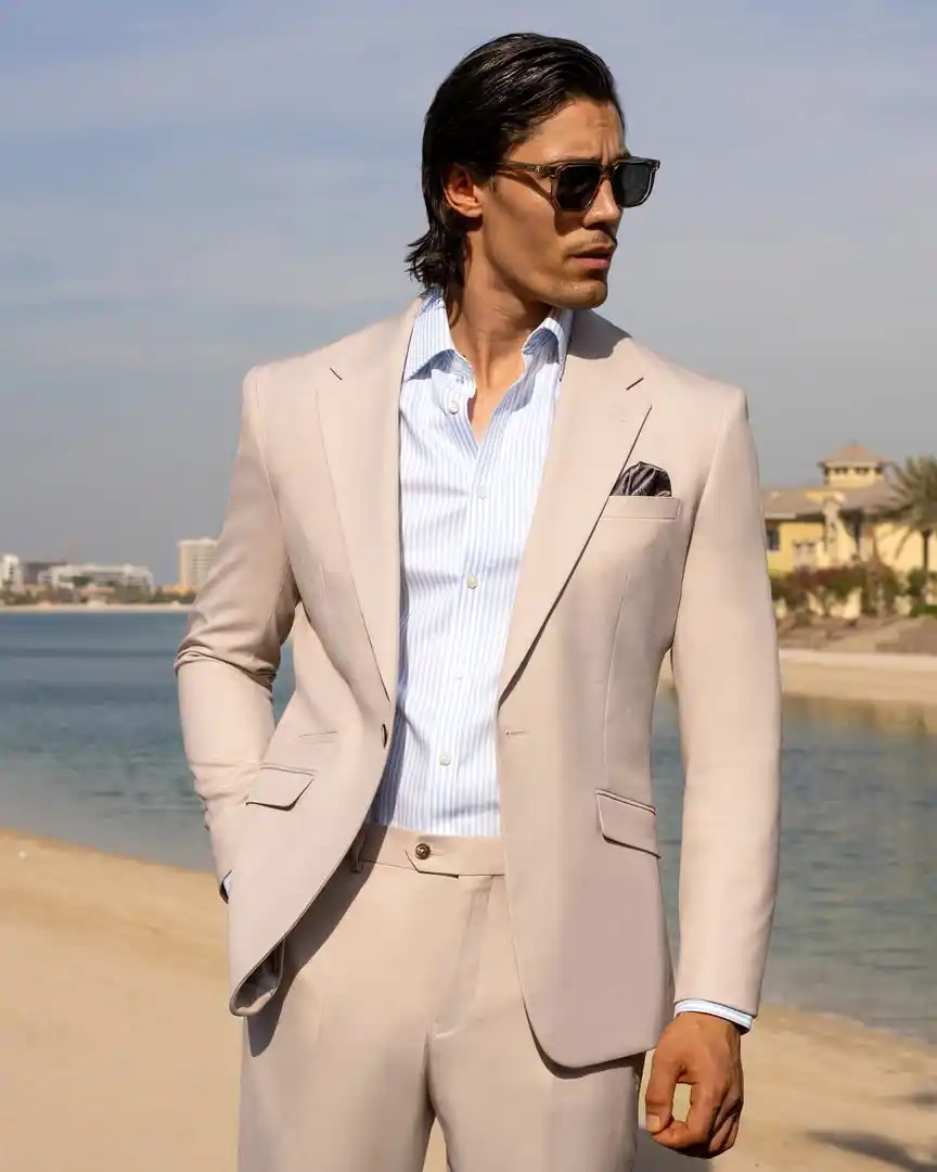 4. Cream Suit with Blue Striped Shirt