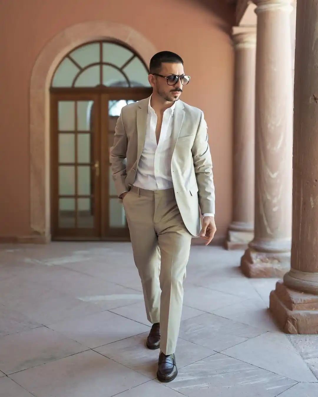 1. Beige Suit with Open Collar Shirt