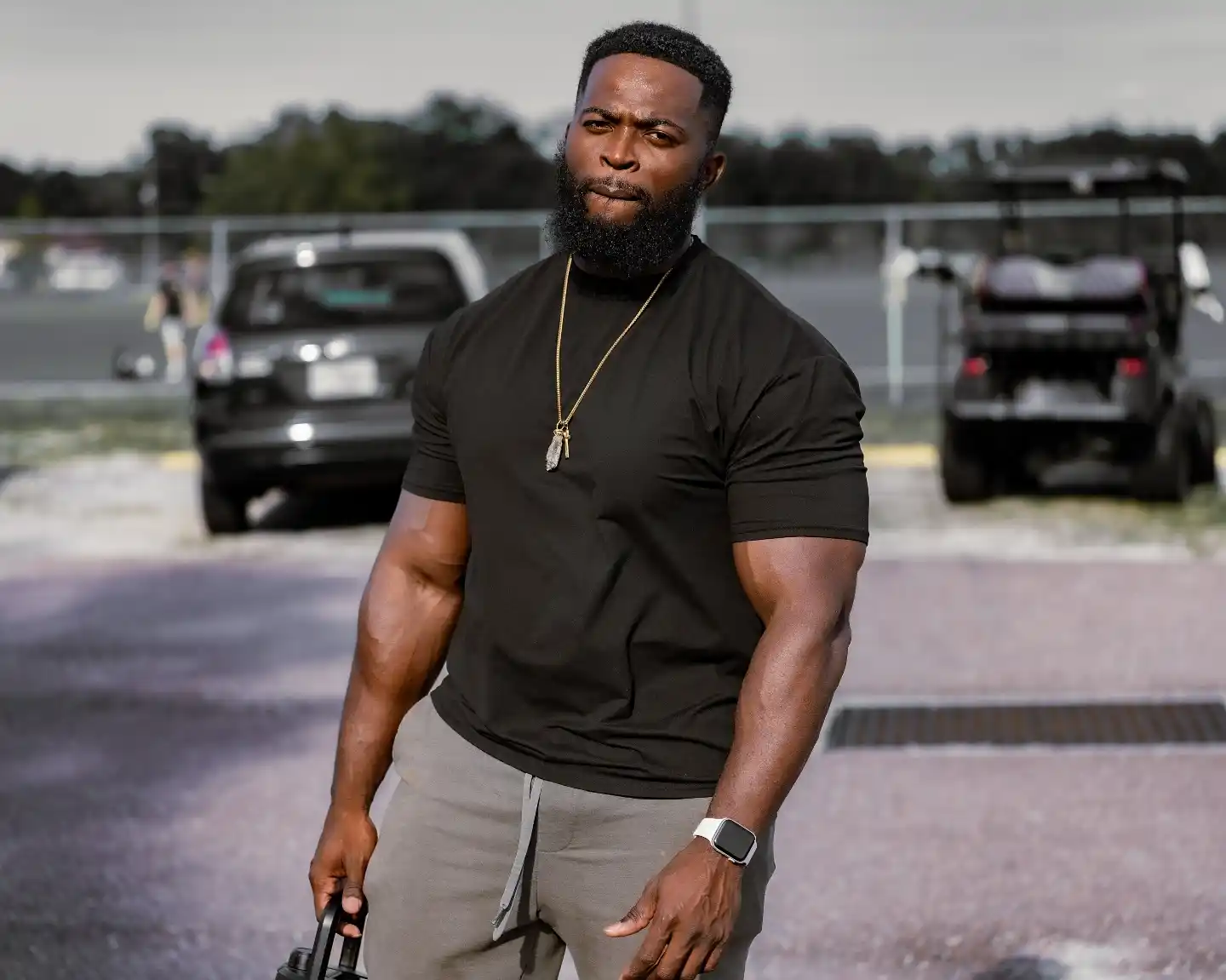 2. Fitted Black Tee with Grey Joggers