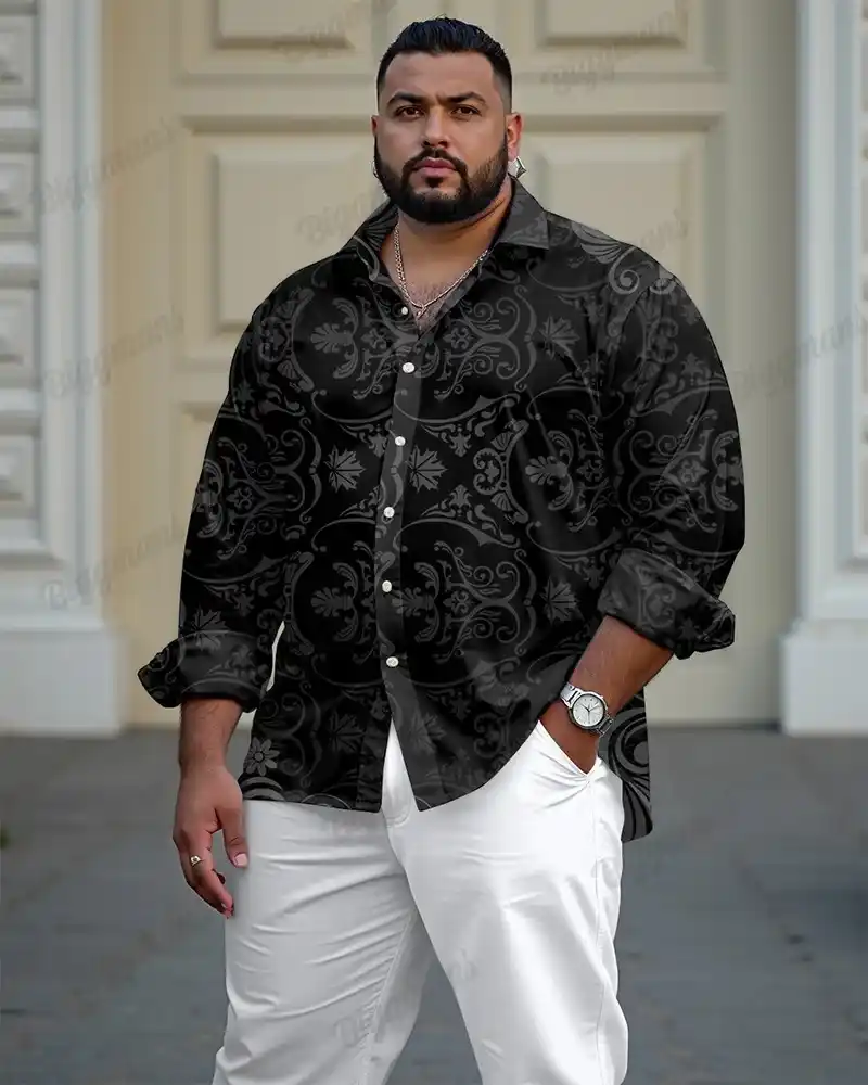 3. Printed Black Shirt with White Pants