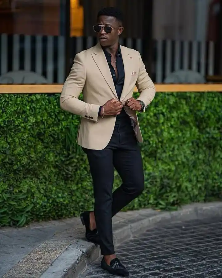 1. Beige Blazer with Black Shirt and Trousers