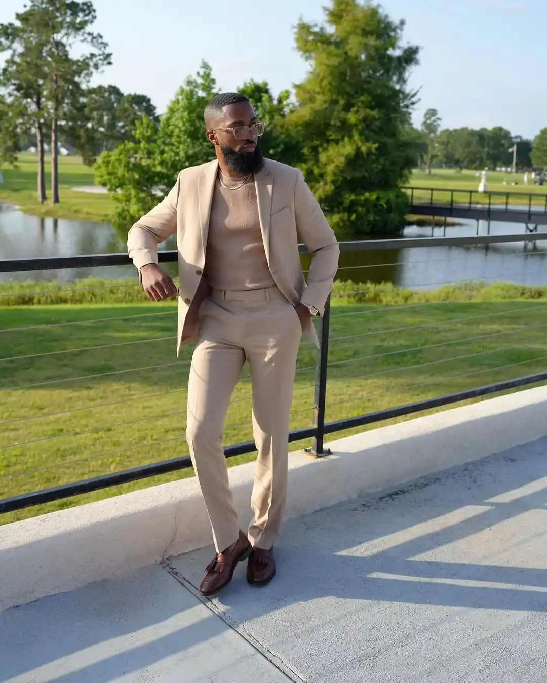 3. Tan Suit with Mesh Knit Top
