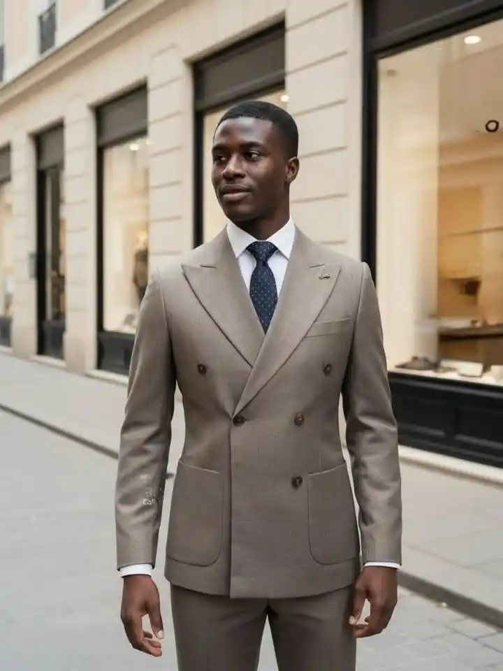 14. Taupe Double Breasted Suit with Navy Tie