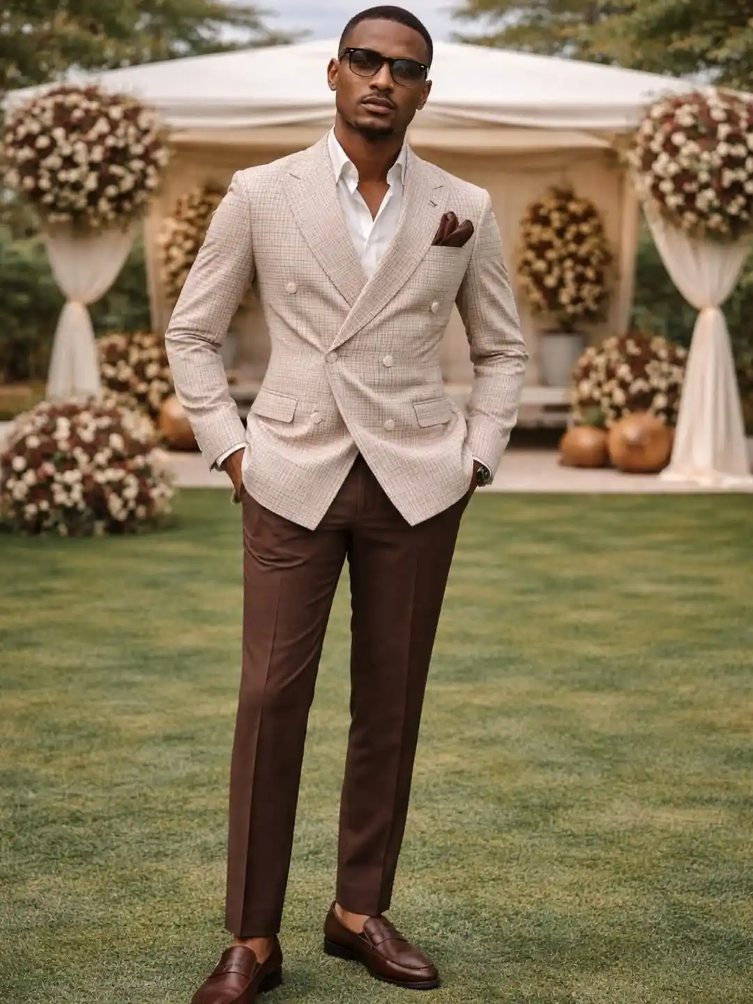 10. Cream Textured Blazer with Brown Trousers