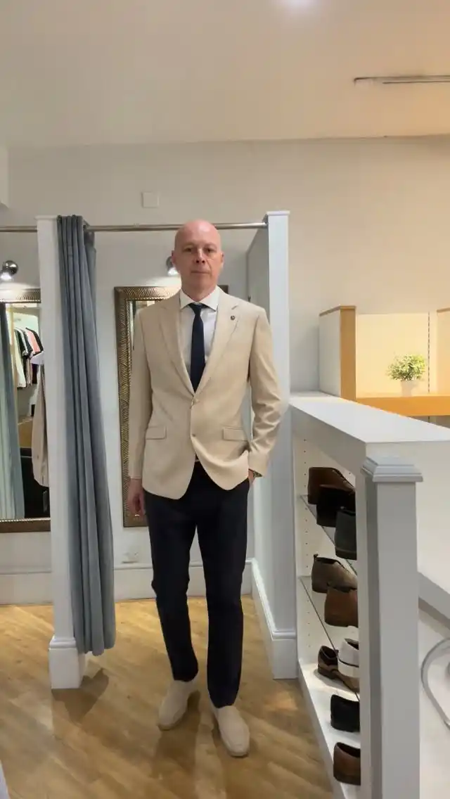 5. Beige Blazer With Navy Trousers And Tie