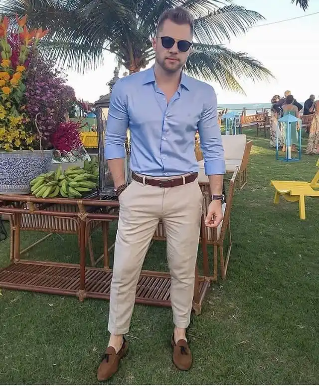 1. Sky Blue Shirt with Tan Chinos