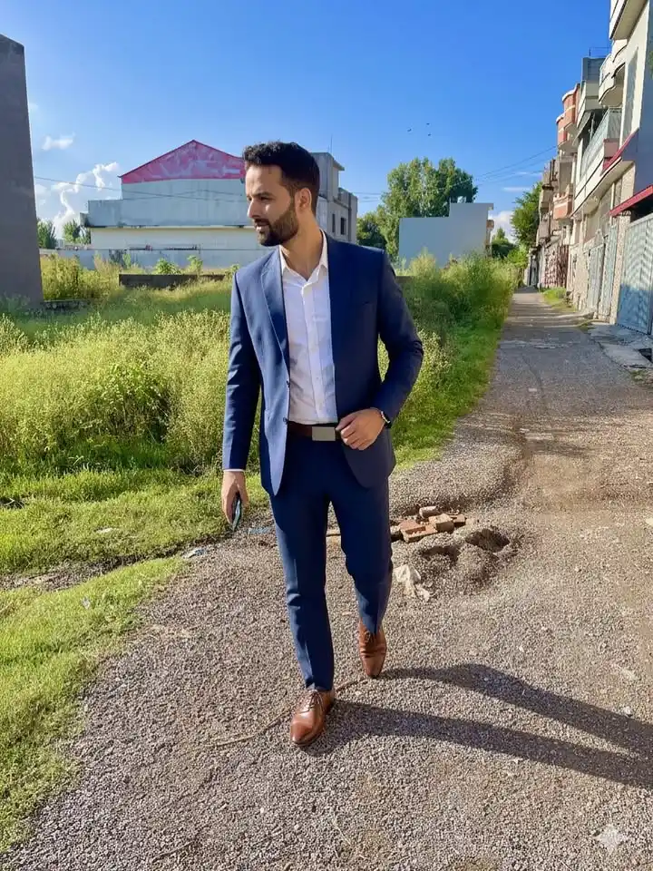 8. Navy Suit with Open White Shirt