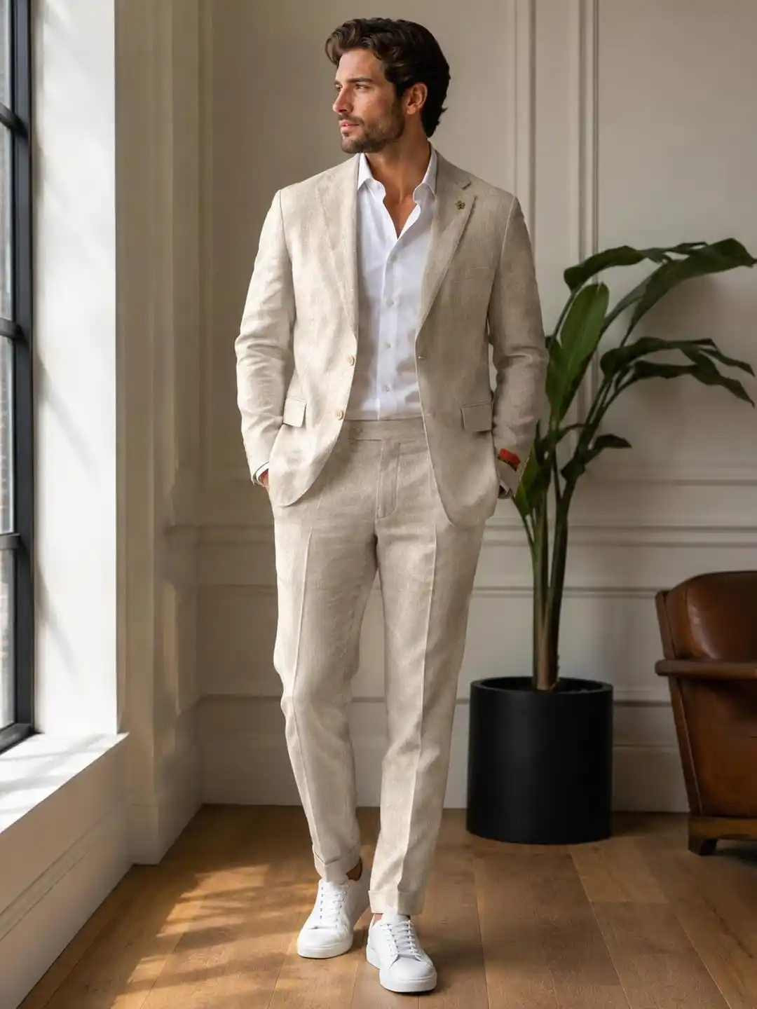 12. Oatmeal Suit with White Sneakers