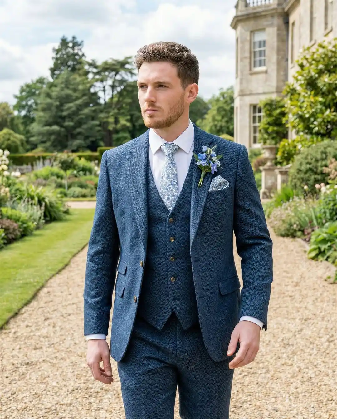 2. Navy Herringbone Three Piece Suit
