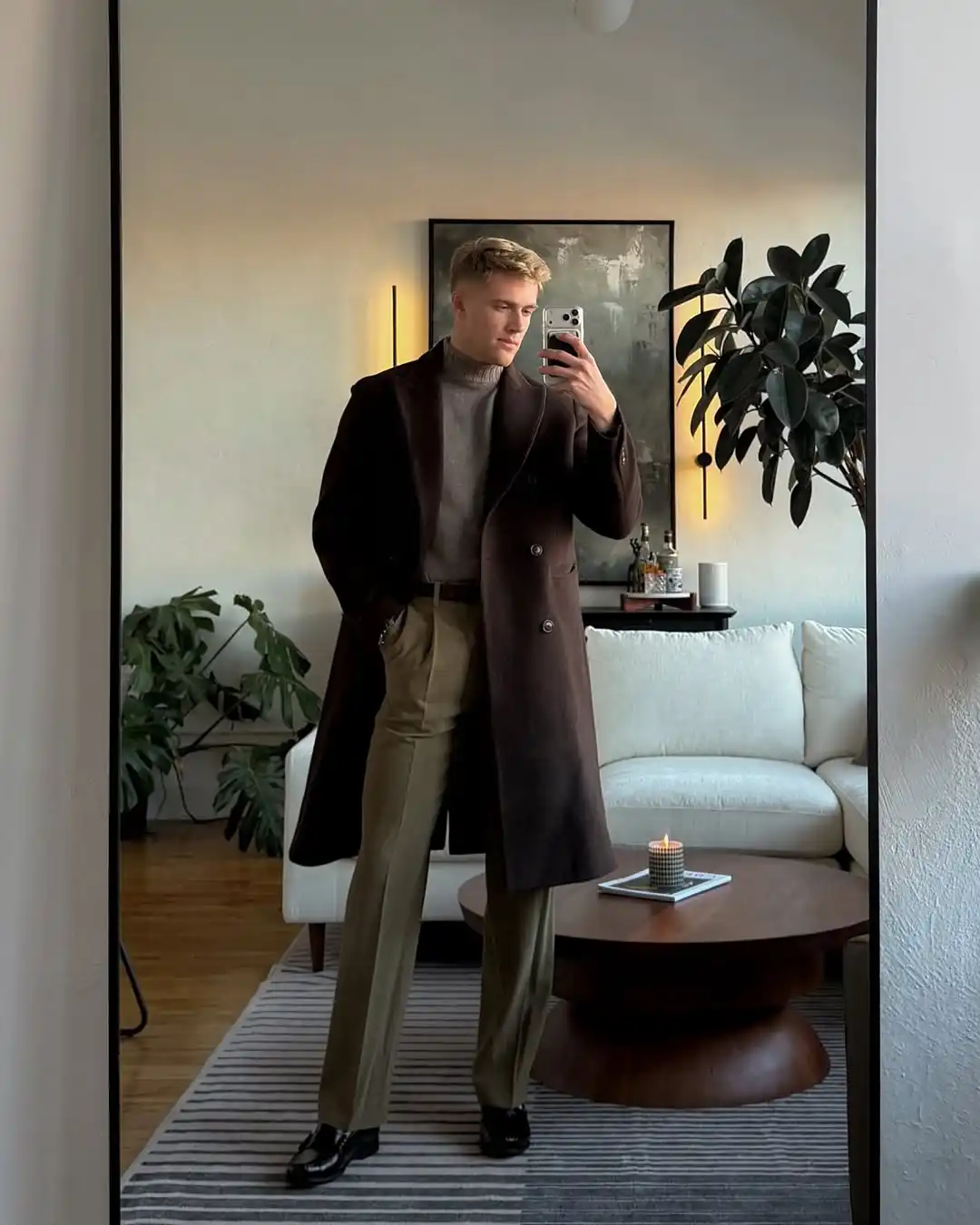 15 Winter Wedding Guest Outfit Ideas for Men 16 14. Dark Brown Overcoat with Grey Turtleneck