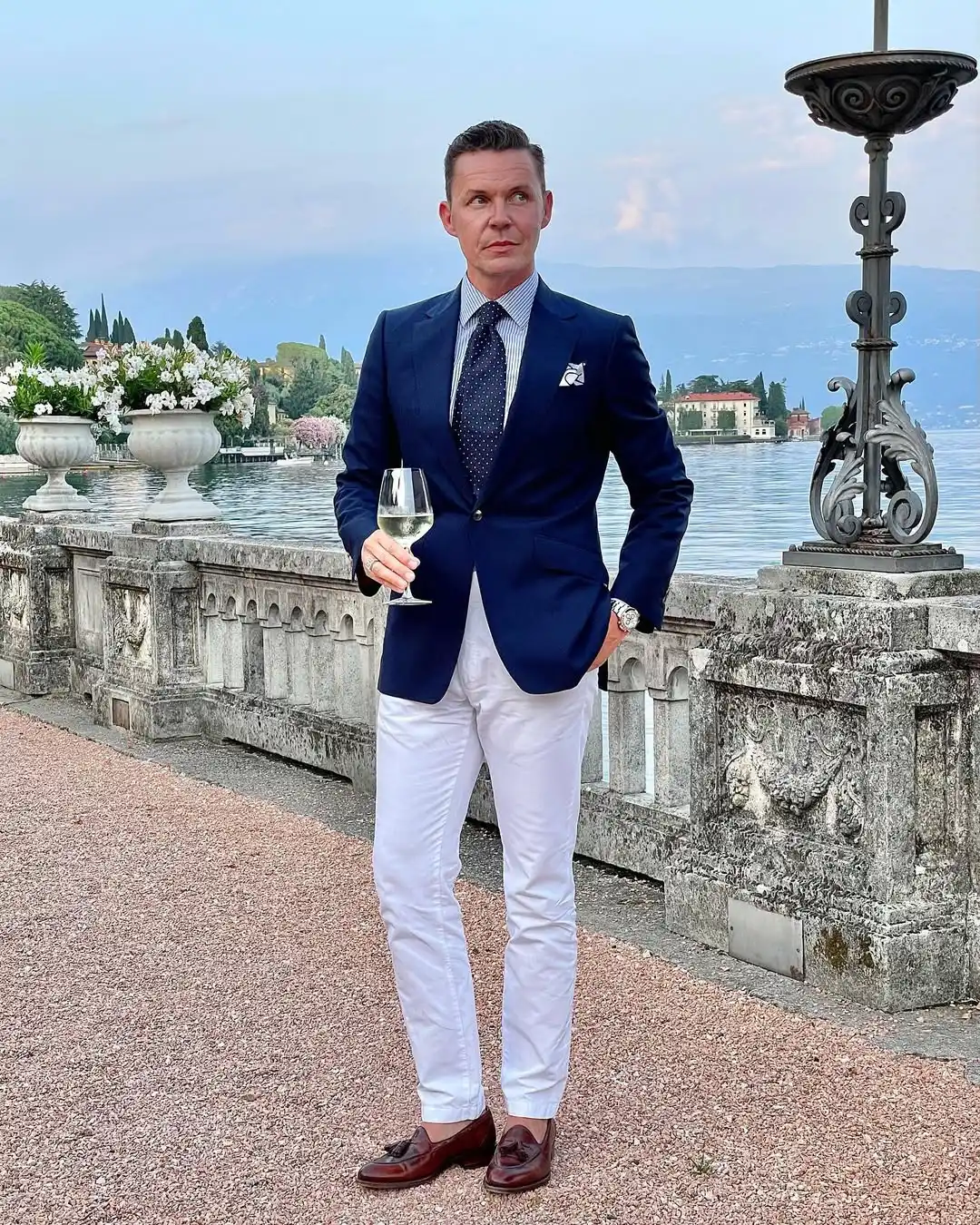 11. Navy Blazer With White Trousers