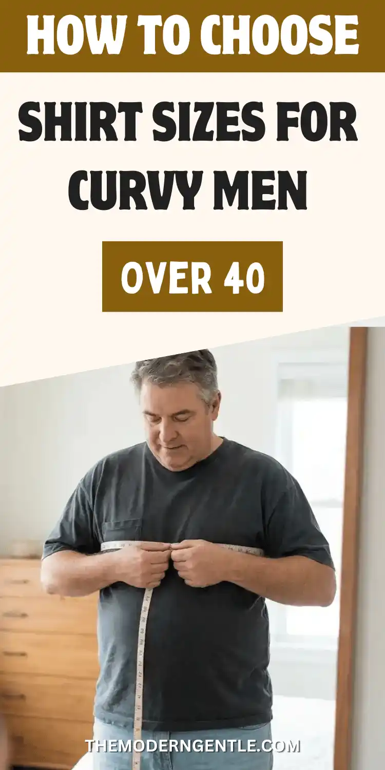 A gray haired man in a dark gray t-shirt and jeans stands in a bright bedroom with a wooden dresser, holding a soft tape measure across his chest to check his fit before shopping. Text overlay reads how to choose shirt sizes for curvy men over 40. A helpful visual for mature men's fashion, style tips for men, dressing well after 40, and learning how to measure shirt size at home before buying a new shirt.