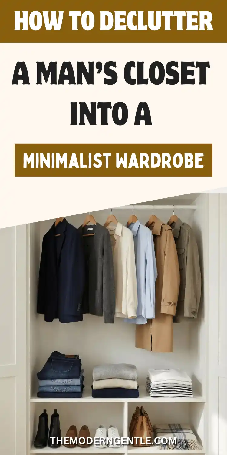 Inside a white closet, a navy blazer, gray cardigan, cream sweater, light blue shirt, and tan jacket hang in a light to dark row, with folded denim, sweaters, and tees stacked below beside boots, loafers, sneakers, and a leather bag. Text reads how to declutter a man's closet into a minimalist wardrobe, showing wardrobe essentials for men arranged in an organized capsule closet.