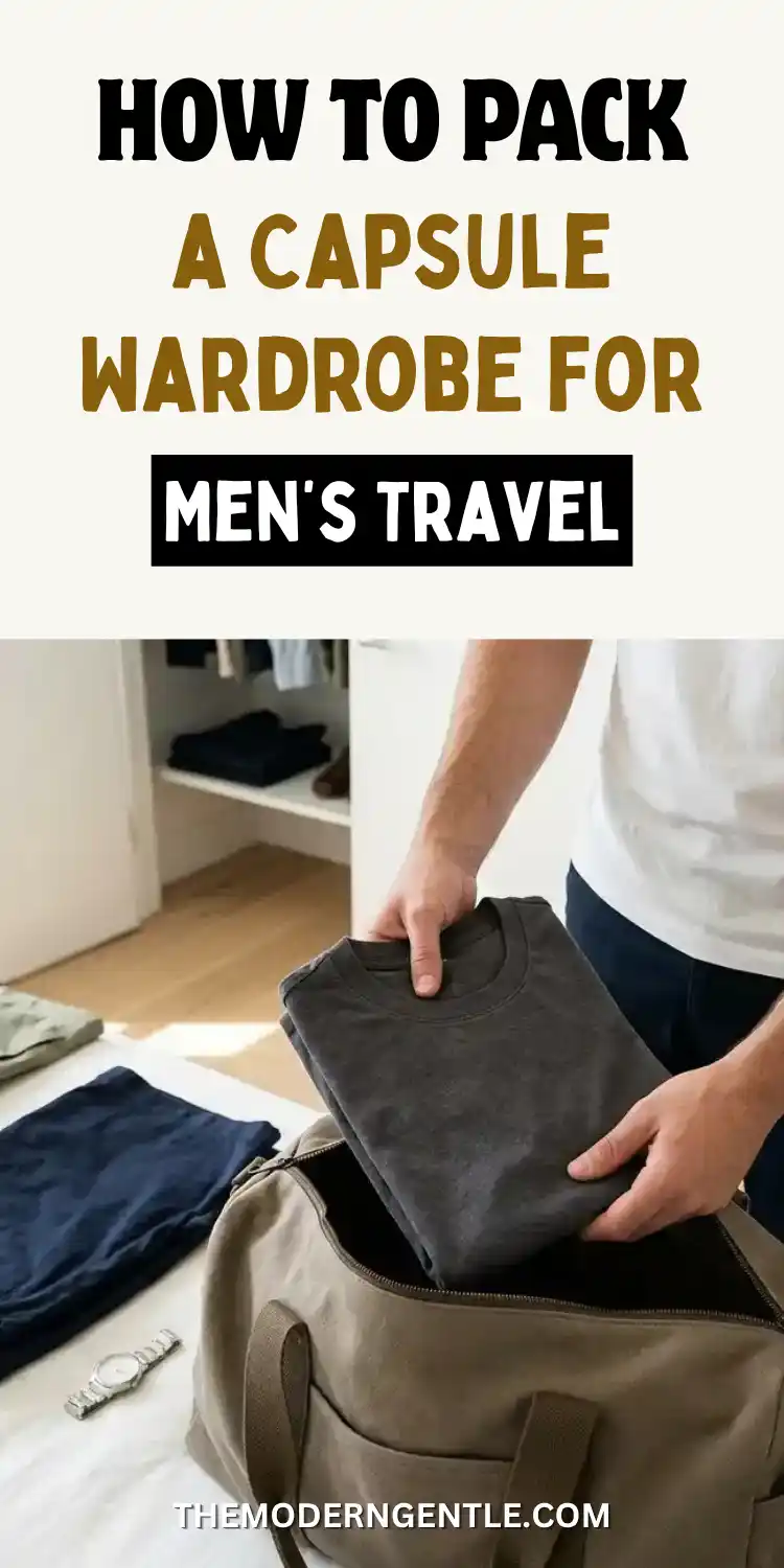 How to Pack a Capsule Wardrobe for Men’s Travel & Vacations 4 A man's hands fold a charcoal grey t-shirt into an open canvas duffel bag on a bed, with a navy top and sage item stacked nearby and a silver watch resting on the sheets, a wooden closet visible in the background. This scene reflects men's packing tips and a minimalist travel wardrobe built around a 3-3-3 packing rule for easy carry on packing.