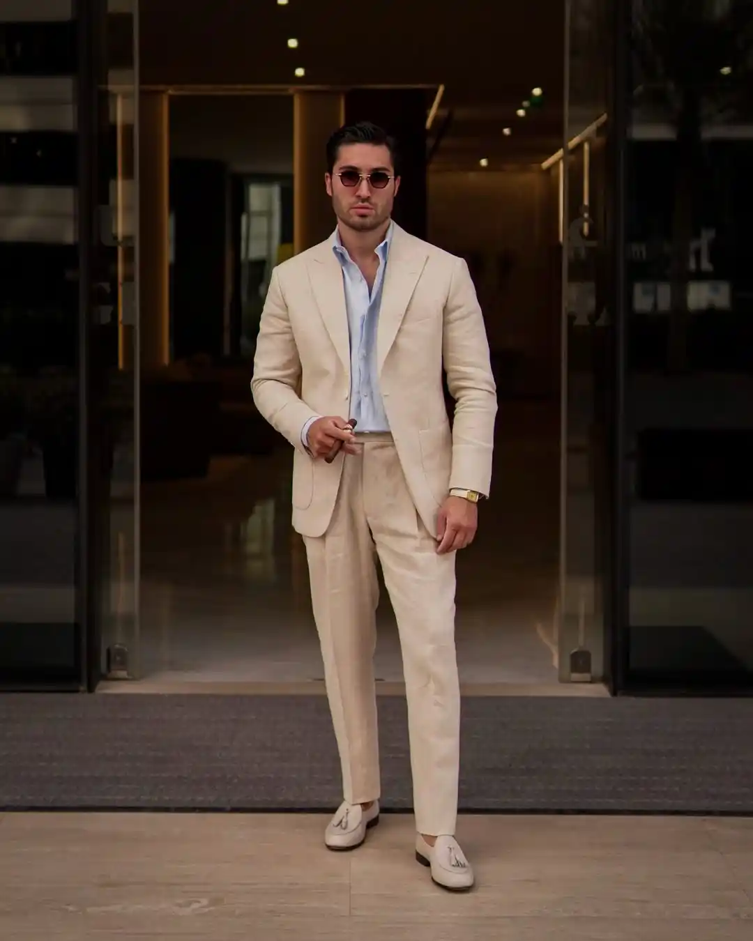 10. Beige Linen Suit with Open Collar