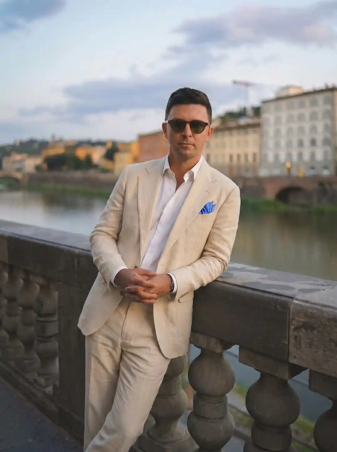7. Beige Linen Suit Open Collar