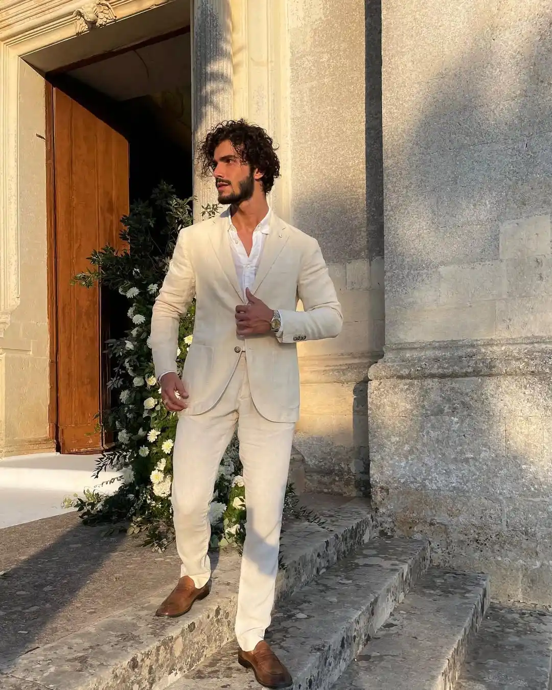 14. Cream Linen Suit with Open Collar Shirt